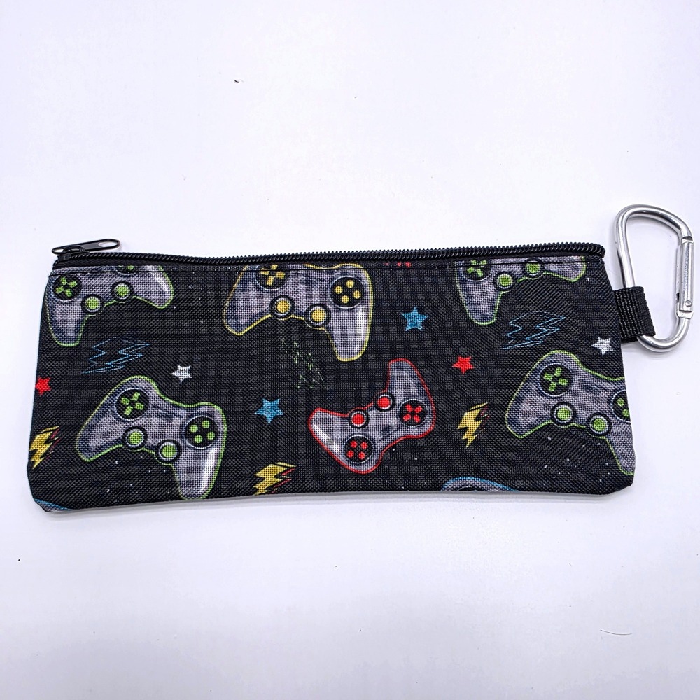 Kids Video Game Controller Canvas Pencil Case Pouch with Carabiner Black Clip On - Picture 2 of 5